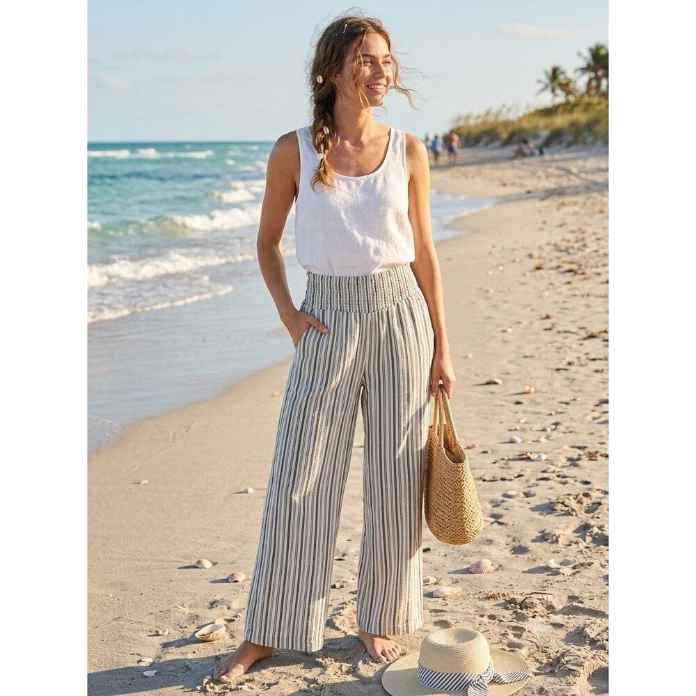 Billabong Beige and Navy Stripe Straight-Leg Pants Small